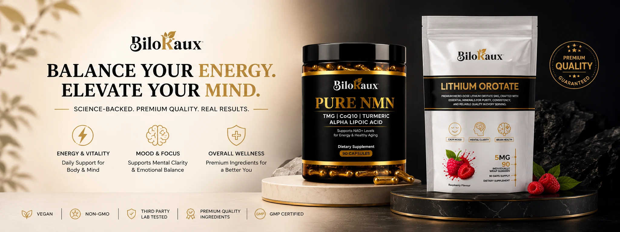 Biloraux — precisely dosed, third-party tested. Two products, made honestly.