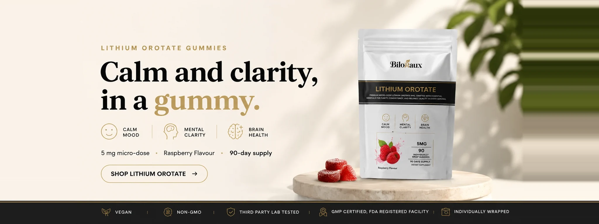 Lithium Orotate Gummies — calm and clarity in a gummy. 5 mg micro-dose, raspberry, 90-day supply.
