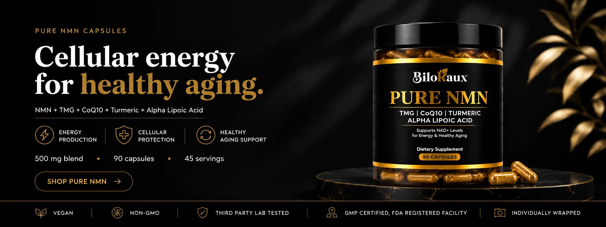 Pure NMN Capsules — support NAD+, energy and healthy aging. NMN with TMG, CoQ10, turmeric and ALA.