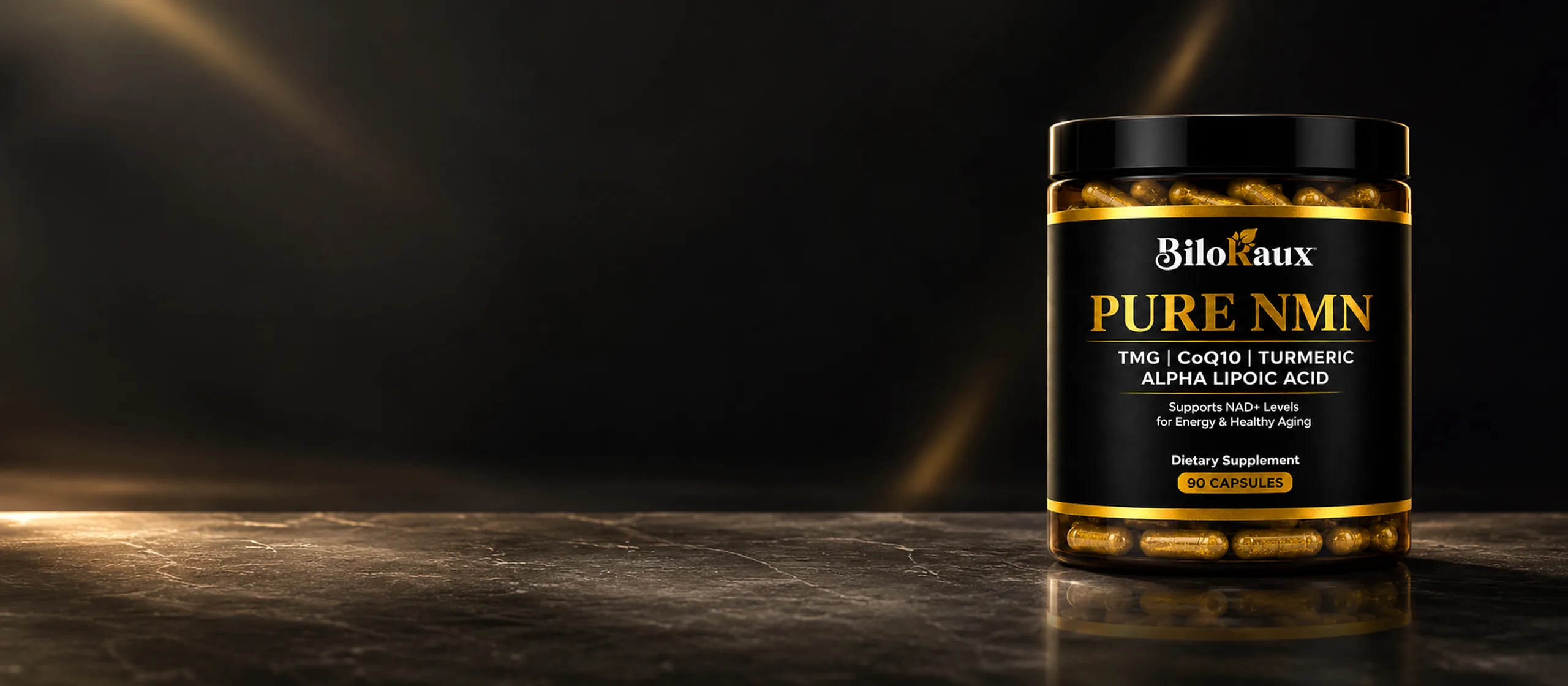 Biloraux Pure NMN Capsules, NMN with TMG, CoQ10, turmeric and alpha lipoic acid.